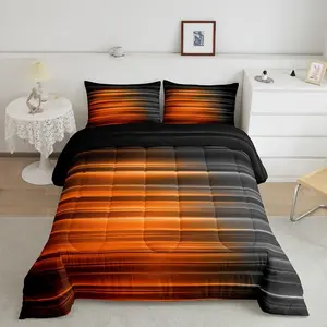Orange and Gray Striped Bedding Set,Queen,Geometric Abstract Ombre Comforter,Gradient Orange Lines Comforter Set,Orange Black Striped Duvet Set,3Pcs