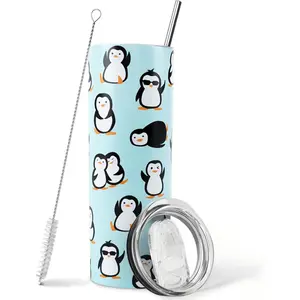 Penguin Tumbler with Straw - Cute Penguin Gifts in Blue, 20 Oz - Thermal Insulated, Perfect for Coffee or Water - Birthday Gift Drinkware Flasks