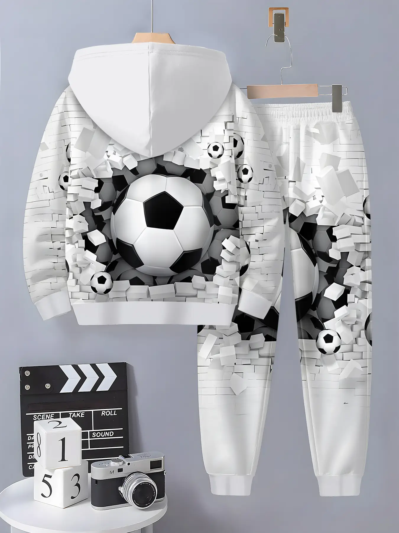 Boys' Fashion 3D Print Football Casual Pullover Sweater Set, Long Sleeve Sporty Top for Ages 5+, Regular Fit Silk Fabric