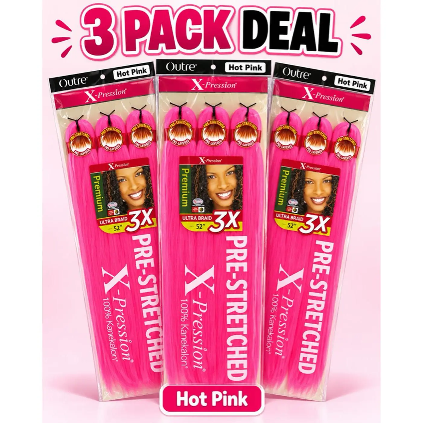 Outre X-Pression Deal!! Hot Pink 3 Packs of three bundles Deal Ultra Braids 52" Pre-Stretched 100% Kanekalon Hair Extensions