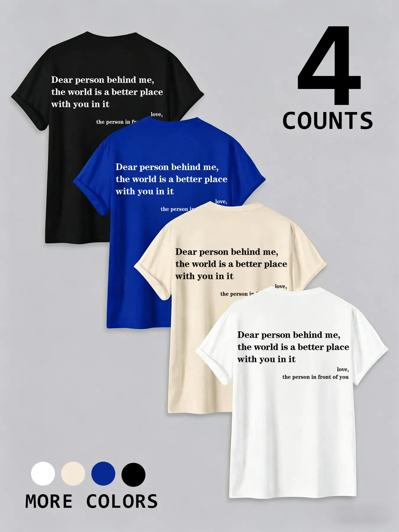 4-Pack Mental Health Awareness Graphic Tees - "Dear Person Behind Me" Spread Kindness Letter Print Short Sleeve Round Neck T-Shirts, Positive Affirmations Casual Streetwear for Daily Motivation and Gifting, Casual Style Tee