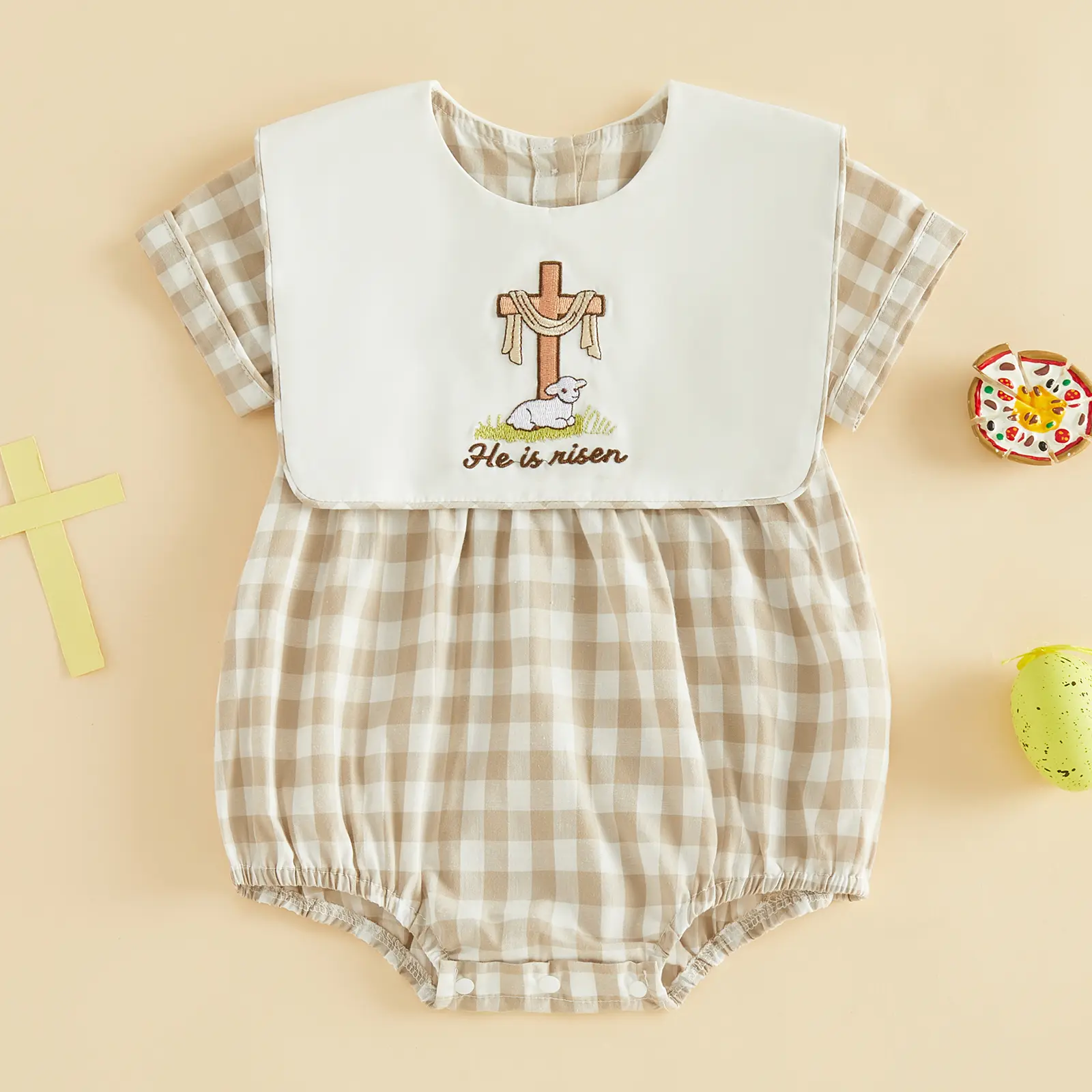 Infant Baby Girls Boys Easter Romper Rabbit Letter Embroidery Plaid Crew Neck Short Sleeve Jumpsuit 0-18 Months