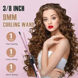 Small Curling Iron 3/8 Inch Barrel Thin Curling Wand for Short & Long Hair 9mm Ceramic Barrel Adjustable Temperature Fast Heating Double PTC Technology Salon
