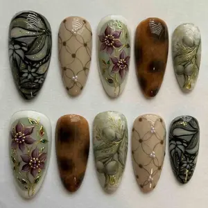 Vintage Floral Press On Nails | Olive Branch, Marble & Gold Line Art Design Elegant Earthy Aesthetic