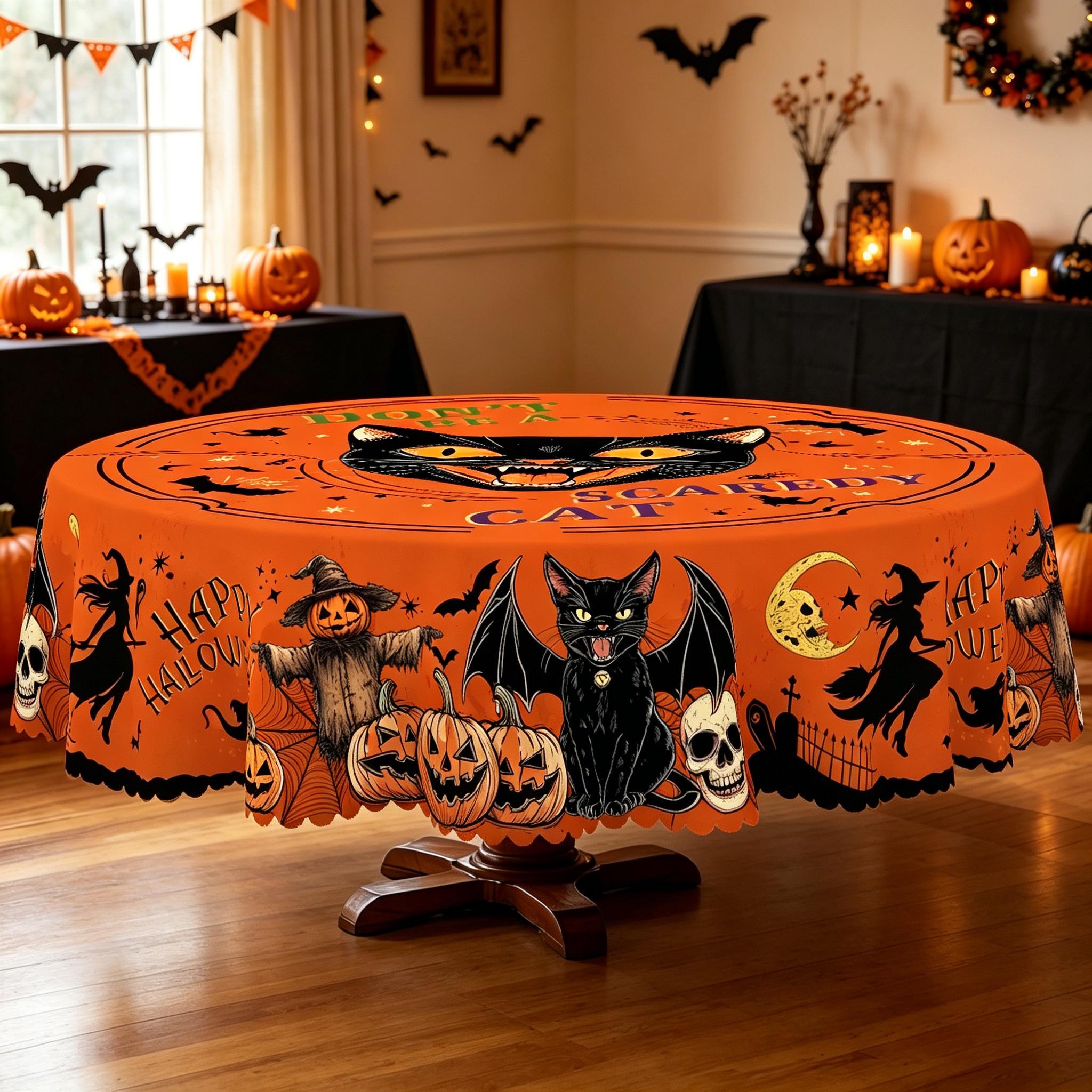 BOOPBEEP Halloween Printed Tablecloth - Vintage Farmhouse Style, Pumpkin & Black Cat Patterns, Rectangular/Round Dining/Kitchen Cover, Nostalgic Halloween Decor, Brunches Indoors Use, Holiday Gift, Pumpkin Ghost Pattern Kitchen Linen Sets, Decoration, Ind