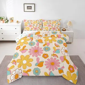 Retro Hippie Flower Comforter Set for Girls Boys Kids Cute Mushroom Decor Comforter Room Decorative 60S 70S Groovy Floral Print Botanical Bedding Set Yellow Duvet Set Quilt Set