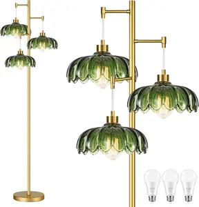 Gold Floor Lamp for Living Room Bedroom,Modern Floor Lamps with Unique Green Glass Shades,3 Lights Mid Century Tall Standing Lamp,Vintage Tree Flower Floor Lamp for Corner Office Reading