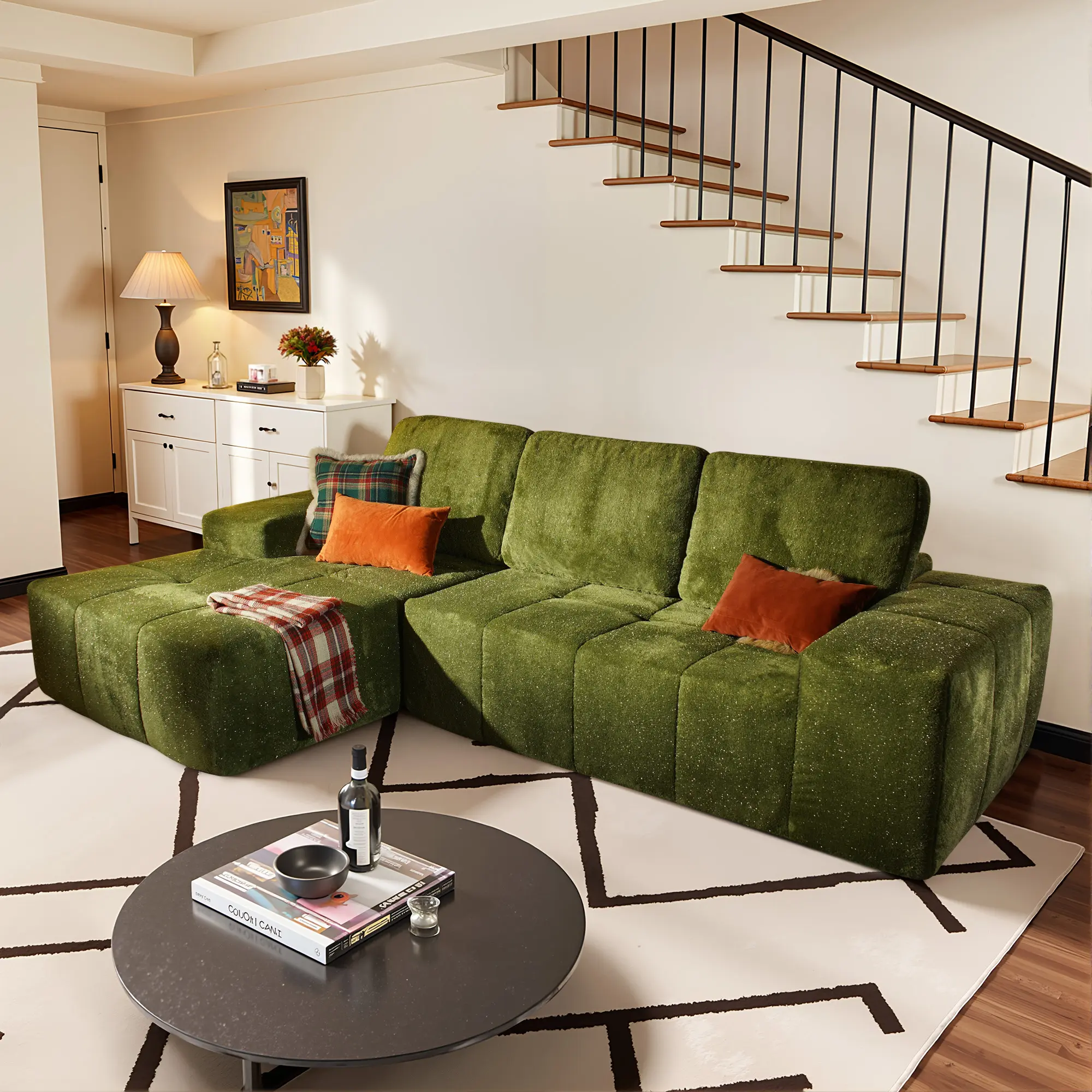 114" Green Starry Sky Fabric Left Chaise