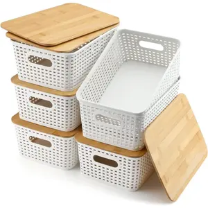 Storage Bins with Lids 6 Packs, Plastic Storage Bins with Bamboo Lids for Pantry Organization and Storage Containers for Shelves Drawers Desktop Closet Playroom Classroom Office Home, White