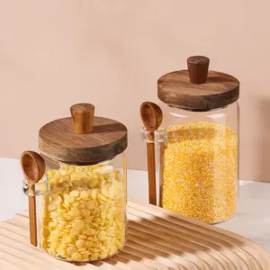 UFORU 20.29oz/25.36oz Airtight Glass Food Storage Jars with Bamboo Wood Lid & Spoon, BPA-Free Reusable Containers for Coffee Beans, Tea, Cereal & Spice, Contact Customer Service If Damaged on Arrival Canister Round