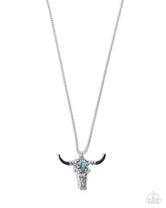 Longhorn Legacy - Black Turquoise Stone Silver Cow Skull Western Short Necklace - Paparazzi