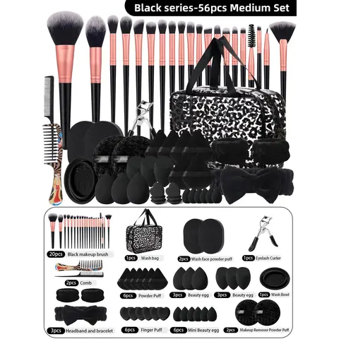 Women's 56-Piece Makeup Set Kit - Soft Nylon Cosmetic Brushes, Storage Bag, Sponges, Puffs, Eyelash Curler, Cleansing Brush Cleaner - Smooth Waterproof Face Makeup Sets for Daily Flawless Look, Valentine’s Day Gift