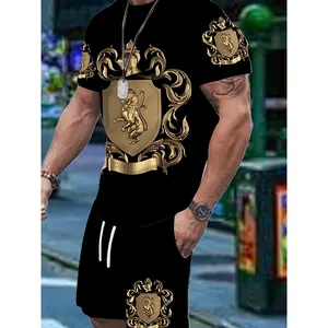 Men's 3D Digital Printed Fashion Set - Casual Short-sleeved T-shirt And Drawstring Shorts, Breathable Polyester, Machine Washable