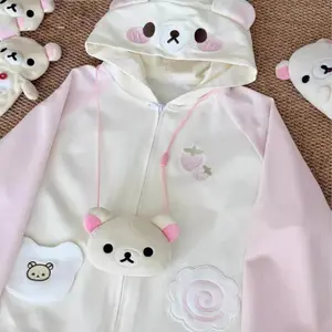 Rilakkuma Y2K Embroidery Hoodies Jacket Patchwork Japanese Kawaii Ear Hooded Women College Loose Zipper Cardigan Loose Top New