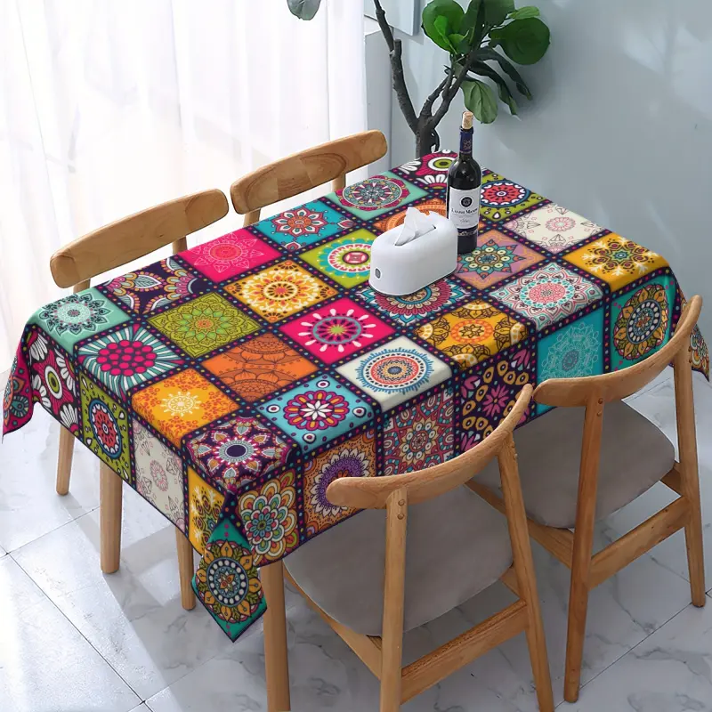 1pc 100% Polyester Rectangle Outdoor Dining Tablecloth - Mandala Print, Bohemian Style, Colorful Festive Decor for Party, Picnic, Patio Furniture Accessory, Outdoor Dining Table