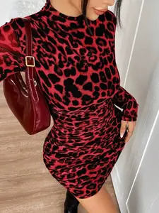 Tiger Print Mesh Ruched Long Sleeve Fashion Mini Dress, Stylish Women's Summer Dress, Bodycon Fit Dress, Casual Wear, Perfect for Parties and Daily