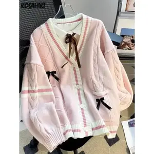 Sweet bow knit cardigan aesthetic full-match contrasting-color jacket fashionable single-breasted women’s sweater jumper can be paired with a raincoat GARMENTARY