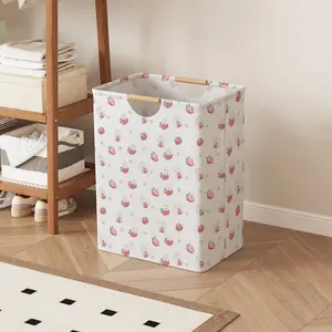 Cartoon Strawberry Rabbit Print Open Storage Box, Foldable Laundry Basket with Handle, Home Bathroom Dirty Clothes Organizer