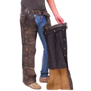 JAMIN LEATHER® 4 Pocket Vintage Distressed Brown Leather Chaps w/Removable Lining #CA5500ZDN Menswear Pants with Adjustable Belt & Strap for Custom Fit