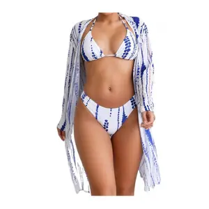 Women's Tie Dye Halter Triangle Bikini Set 3 Piece High Waist Tummy Control Swimsuit with Long Sleeve Mesh Kimono Cover Up Beach Vacation Outfit Bikini Set for Midsize Curvy Women cheeky Slimming rash guard tropical style
