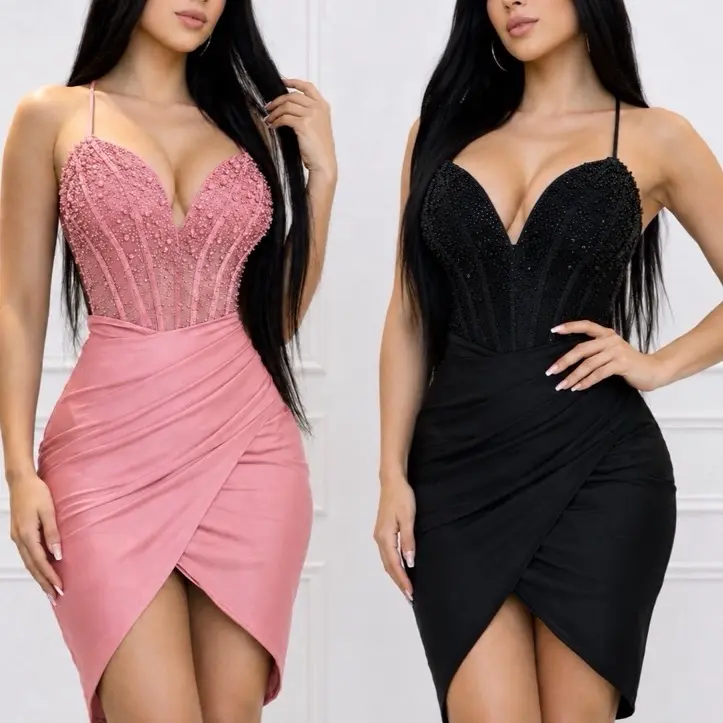 Women's Elegant Bodycon Mini Dress with Rhinestone Corset Top, Stretch Fabric, Lace-Up Back, and Side Slit, Womens Dresses, Elegant Dresses For Women
