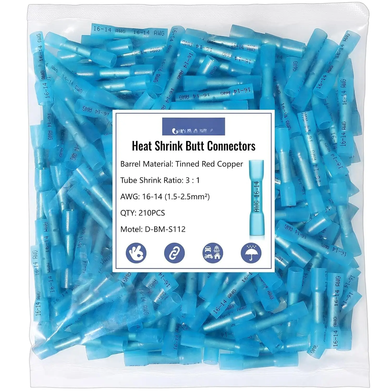 Heat Shrink  Wire Connectors,  210 count 16-14 AWG Blue Insulated  Electrical Wire Connectors Automotive Marine Grade Wire Crimp Terminals  Splices, Ideal for Boat, , Blue