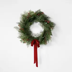 Red and Green Holiday Wreath 26 Inch Unlit Plastic Faux Floral Circle Shape for Christmas Door Decorations Indoor Outdoor Vibrant Colors