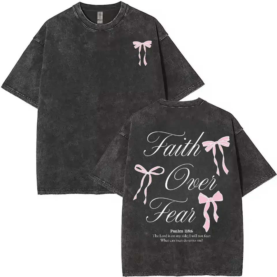 Faith Over Fear T-Shirt, Unisex Vintage Washed Christian Graphic Top, 100% Cotton Double-Sided Short Sleeve for Casual Everyday Wear
