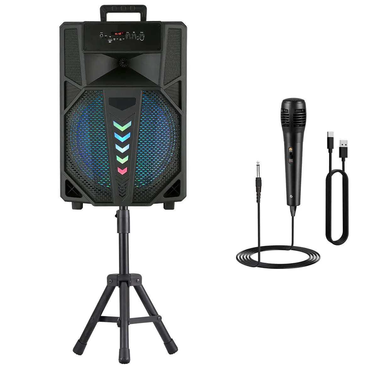 Dazone Wireless Portable PA Speaker System, 15" Party Boombox Bluetooth Speaker with LED Lights, Speaker Stand, Wired Microphone, and Rechargeable Battery