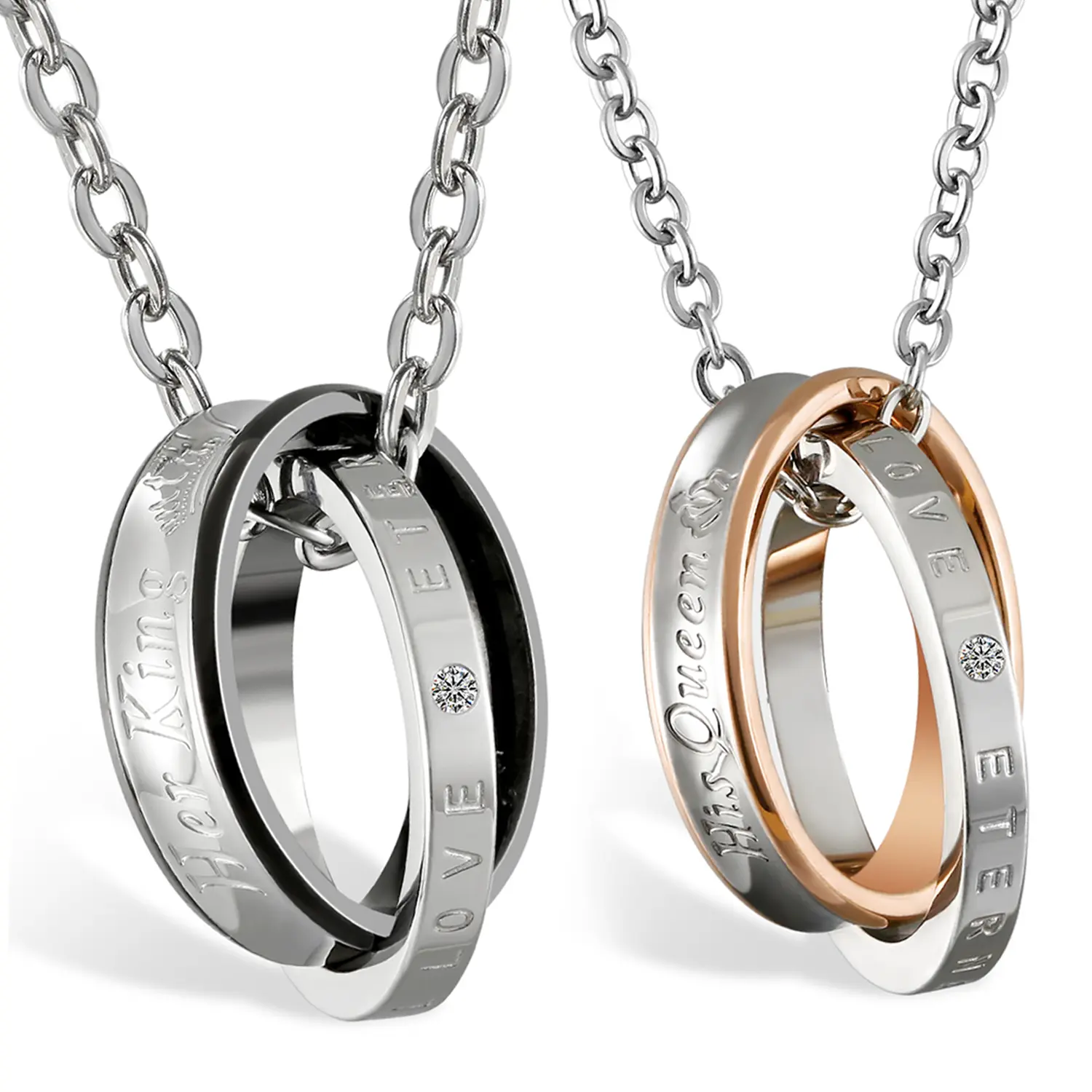 OIDEA Couple Necklaces Set, 'His Queen' & 'Her King' Stainless Steel Interlocked Rings with Cubic Zirconia, Ideal Gift for Wedding Anniversary, 18-20 Inches, Complete Pair, Engraved Names, Unisex, Long