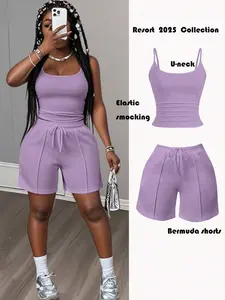 AESS Women's 2 Pieces Purple Summer Casual Loungewear Set,U-Neck Suspender Tank Top And Bermuda Shorts,Spring Sports Style Five-Point Trousers Outfit