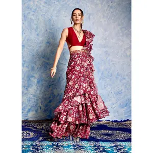 Nitara maroon ruffle draped saree set