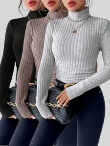 Women's Fall Winter T-Shirt Set, High Neck Warm Long Sleeve, Soft Comfortable Fabric, Must-Have Ladies Clothing for Autumn & Winter, Knitwear