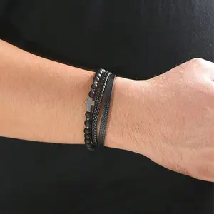 ️ Men’s Layered Leather Cross Bracelet – Tiger Eye & Beaded Stone Style