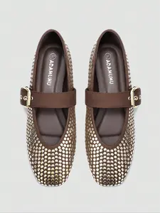 Women's Mary Jane Flat Shoes, & Rivet Design, Comfortable Daily Wear, Party Style Footwear, Metal Buckle Strap, Square Toe Flats, Stud Embellishment, Rubber