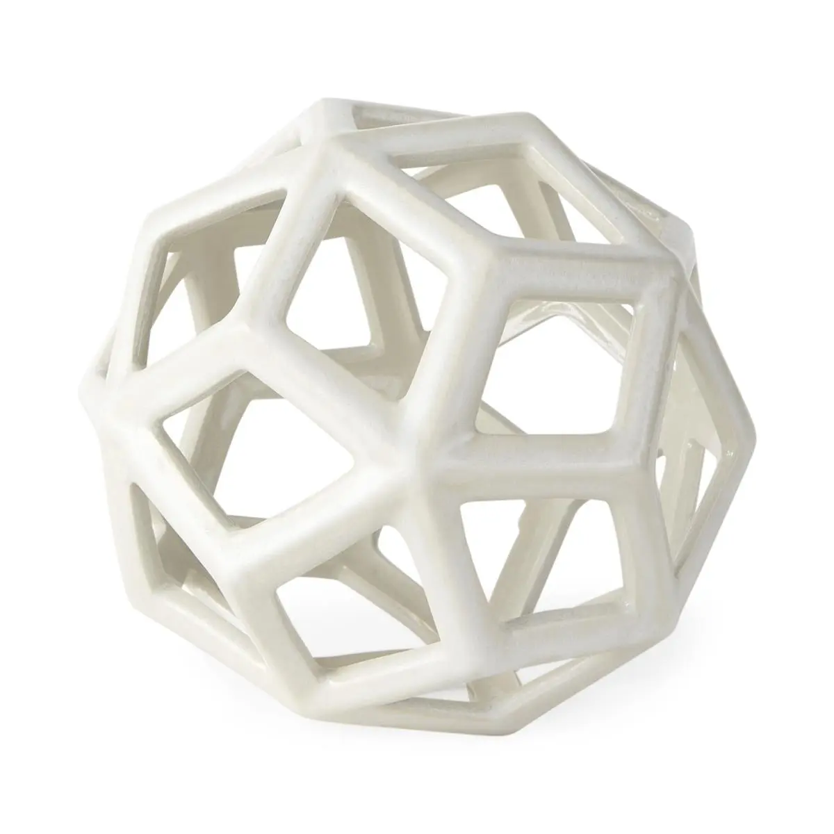 212 MAIN Minimalist Orb-Shaped White Crackle Glaze Ceramic Geometric Sculpture - 7x7x7in Metal-Accented Tan Home Decoration Statue with Light Feature, See-Through Design
