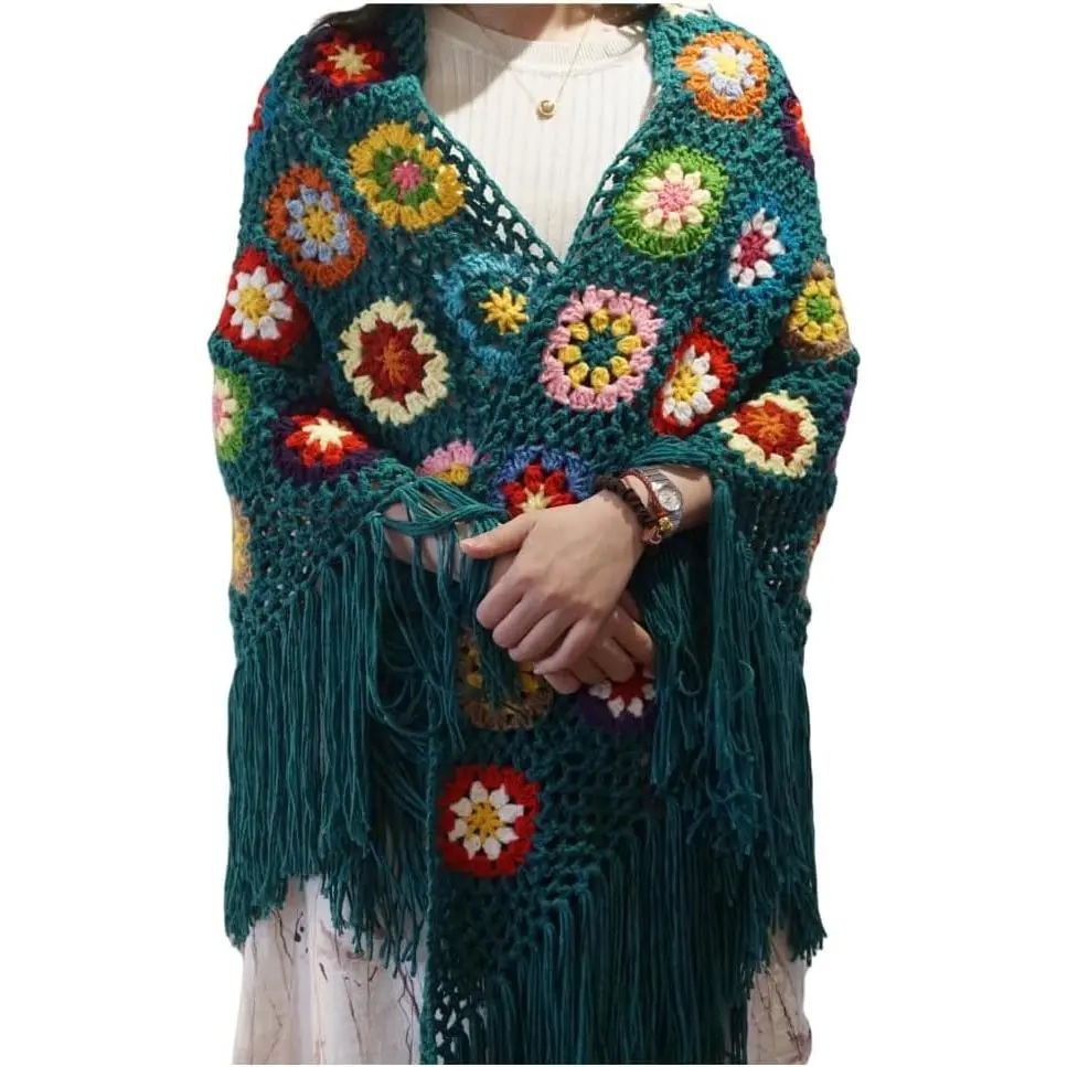Handmade Crochet 70x34in Fringed Poncho Cape Shawls Wraps Granny Square Womens Coat Sweater