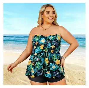 Plus Size Tankini Swimsuit for Women - Strapless Floral Print Bathing Suit - Leaf Pattern Two Piece Swimwear - Adjustable Halter Top & High Waisted Bottom - Summer Beach Pool