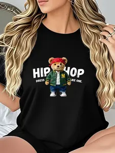 Summer Fashion Loose Fit Hip-Hop Teddy Bear Print Comfortable Stretch Skin-Friendly Women's T-Shirt, Casual Short Sleeve Top, All Seasons