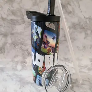 Roblox kids water bottle insulated with flip top with hanger and slide lid, tumbler for school, roblox,video game,20oz bottle, two lids Drinkware Bottled Portable