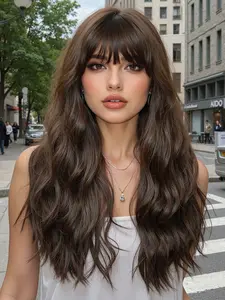 Fashionable New 24 Inch Dark Brown Long Wavy Wigs with Bangs and Highlights, Synthetic Material Wigs, Synthetic Women's Wigs Suitable for Ordinary Work, Life, Dance Parties and All Occasions