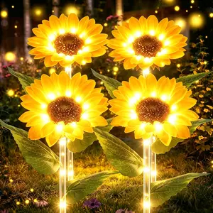 （Mother‘s Day Gifts）Solar Powered LED Sunflower Garden Lights Set of 4 Pieces Realistic Nighttime Glow for Yard Lawn Patio Porch Waterproof IP65 Energy Efficient Outdoor Lighting Durable Plastic Flowers All Weather Protection