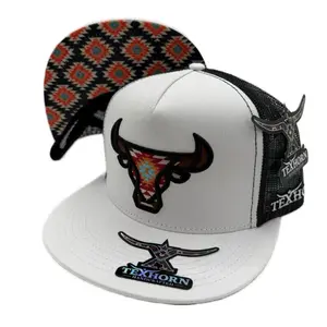 TEXHORN Cattle Refugio Style Cap with Aztec Under Brim White and Black Mesh Back