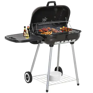 Square Portable Charcoal BBQ Grill with Moving Wheels Side Tray and Lower Storage Shelf, Lockable Lid Aluminum Damper and Warming Grate for Garden Backyard Poolside Outdoor Barbecue