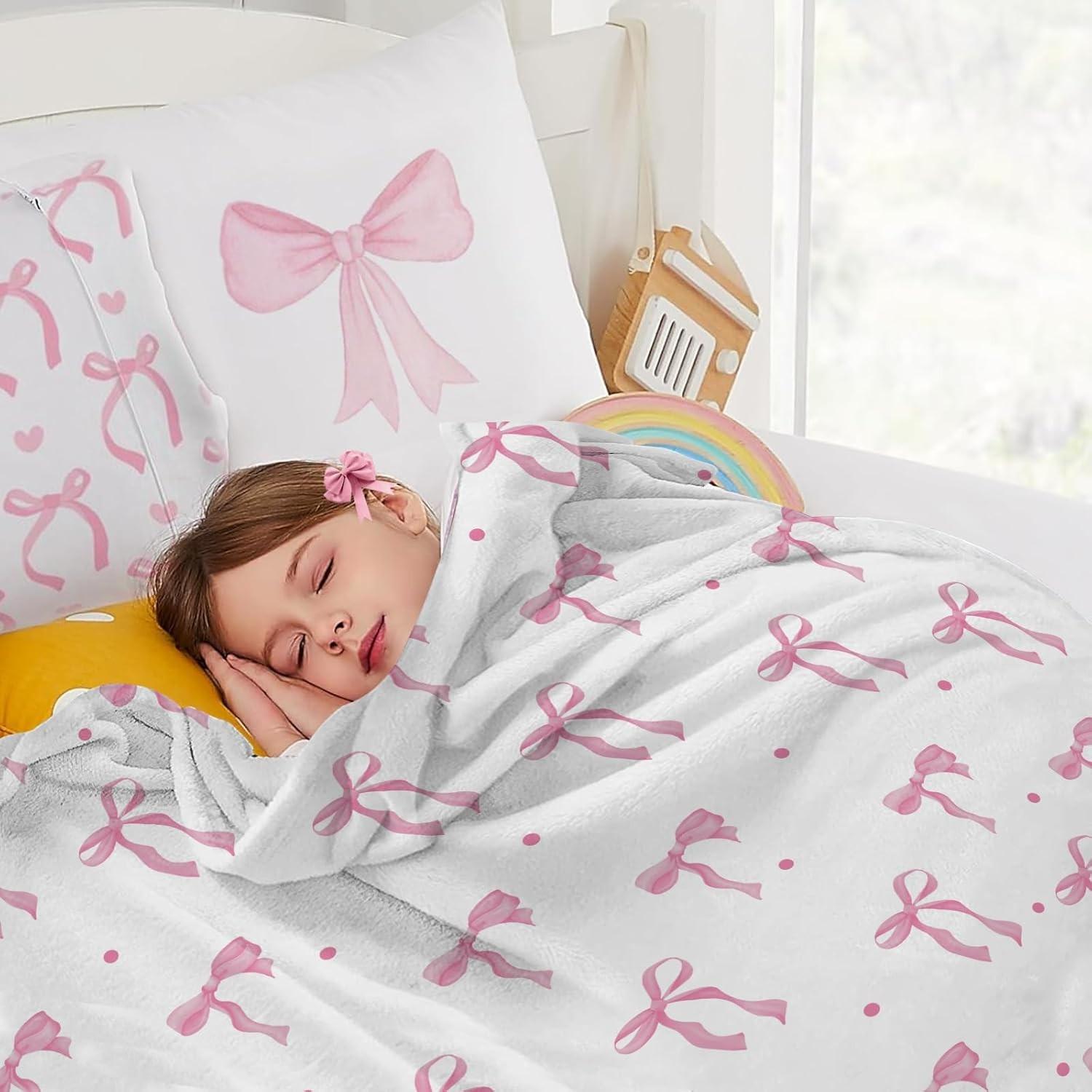 Pink bow blanket, bow gift, Easter bow gift, suitable for girls, ladies and children, pink spring flannel blanket, beautiful bedding with bows, Kid blanket