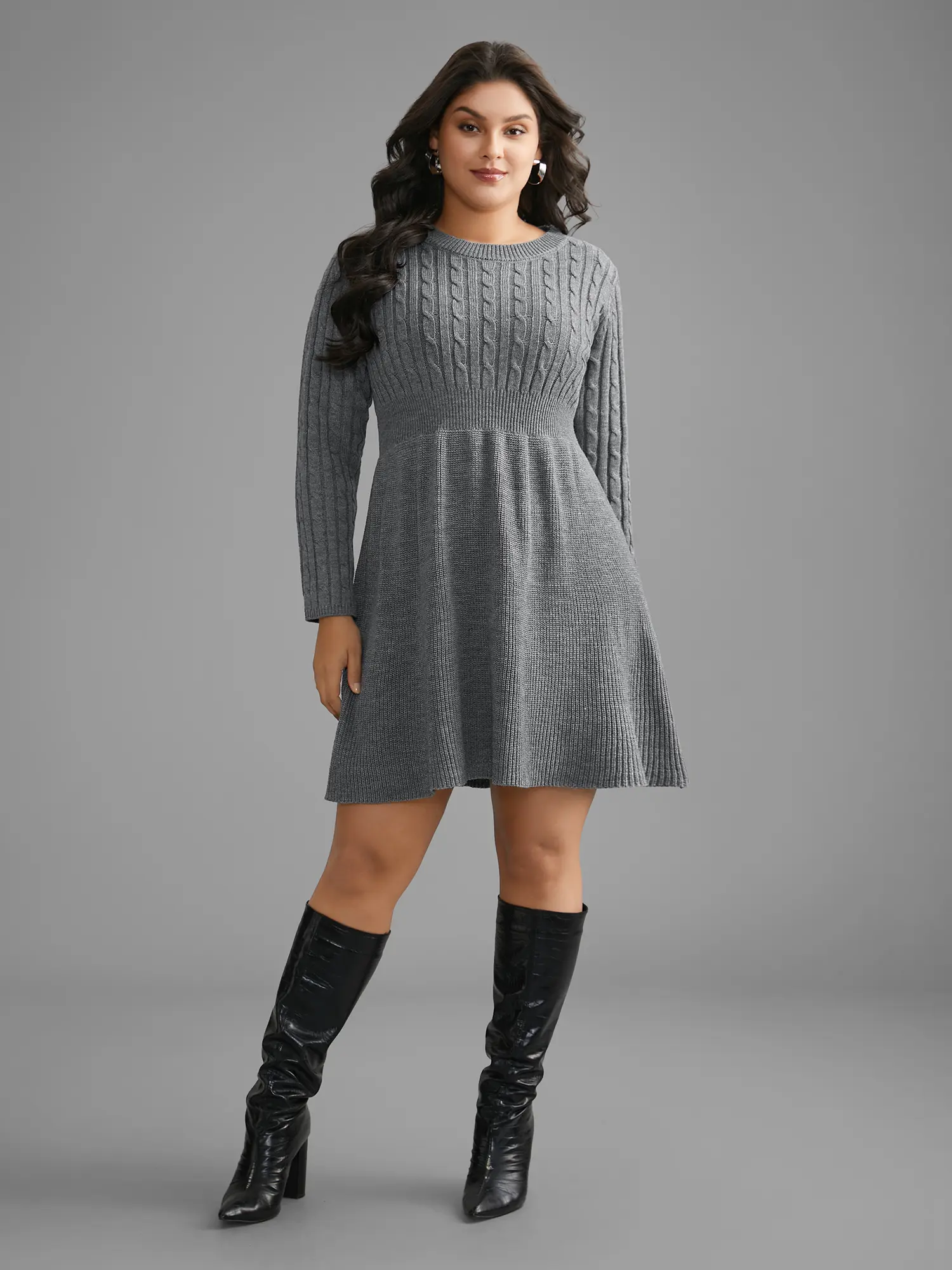 BLOOMCHIC Women's Minimalist Cable Knit Fit-and-Flare Midi Sweater Dress - Long Sleeves, Acrylic Fabric, Casual Boho Elegant Tunic
