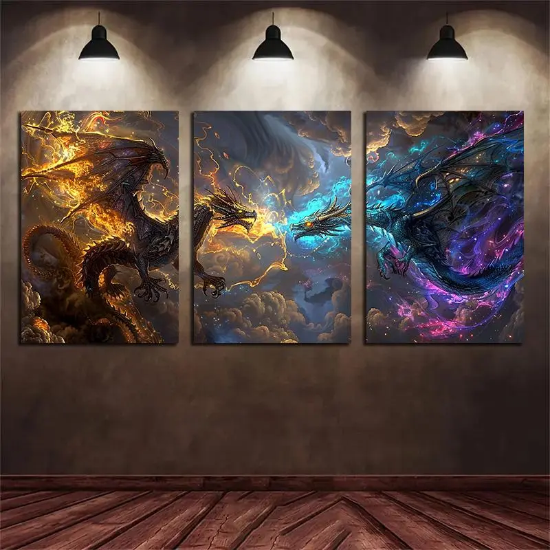DIY Diamond Arts Colorful Painting Making Kit, 3 Counts/set Dragon Pattern Diamond Arts Colorful Painting without Frame, Handmade Art Crafts for Home Decor, Diamond Pattern Design, Diy Kits