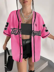 Women's Number Print Western Baseball Jersey, Casual Fashion Loose Letter Print Short Sleeve Button Design Blouse for Daily Wear, Ladies Clothes for All Seasons, Jersey Shirt, Jersey Top