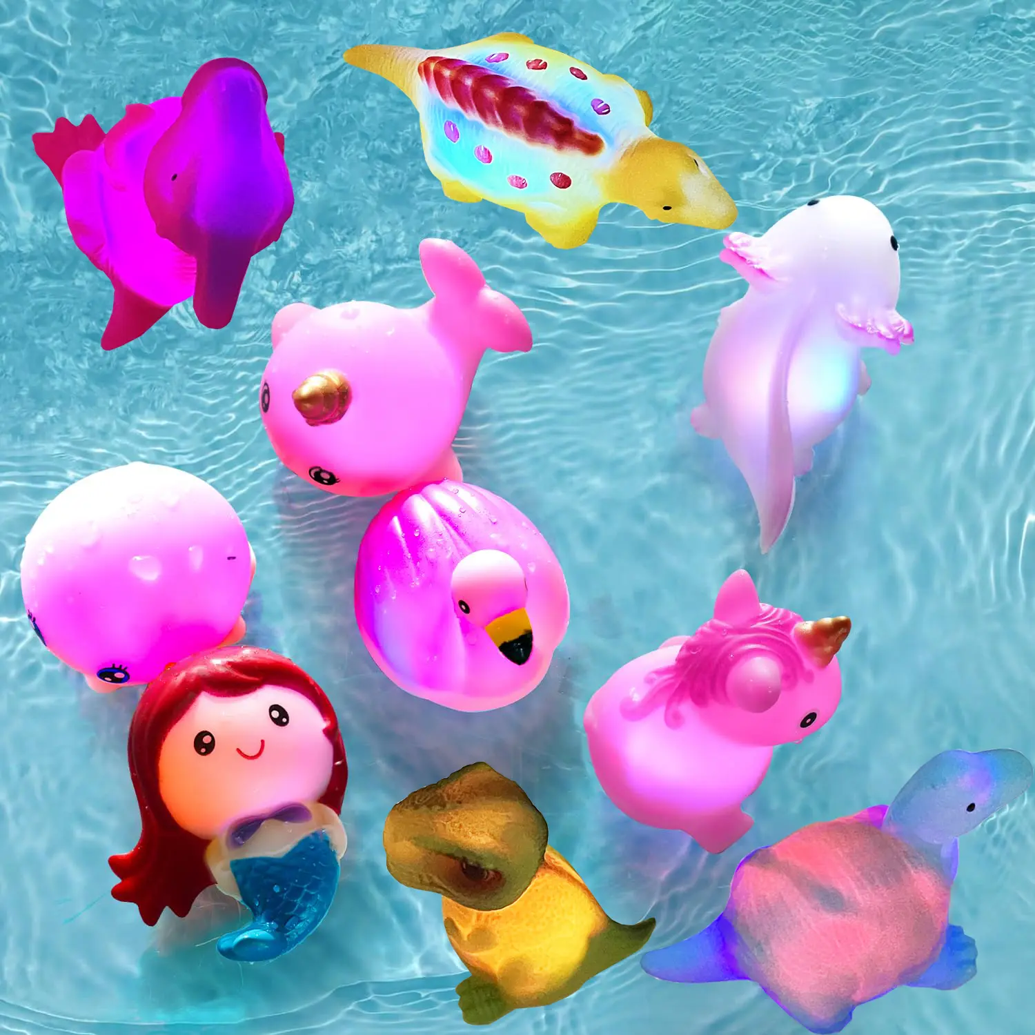 6/8/12 PCS Rubber LED Light Floating Dinosaur Bath Toys Set - Toddler-Safe, Battery-Powered, Colorful Baby Bath Supplies, Birthday Gift for Bathtub Use, Batteries, Color Changing, Alkaline, Baby Showers, Over 18 Months, Improve Coordination, Set Pack, Cus