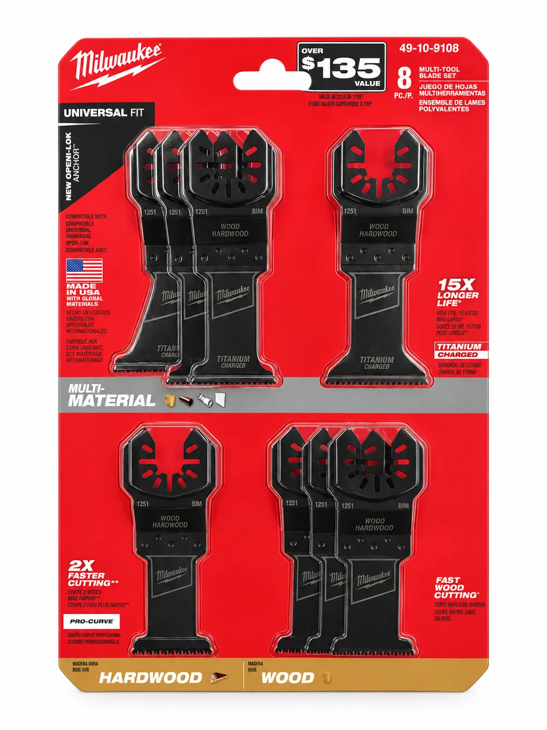 Milwaukee 49-10-9108 OPEN-LOK 8-Piece Oscillating Multi-Tool Blade Set | Titanium Enhanced Universal Fit Wood & Multi-Material Blades